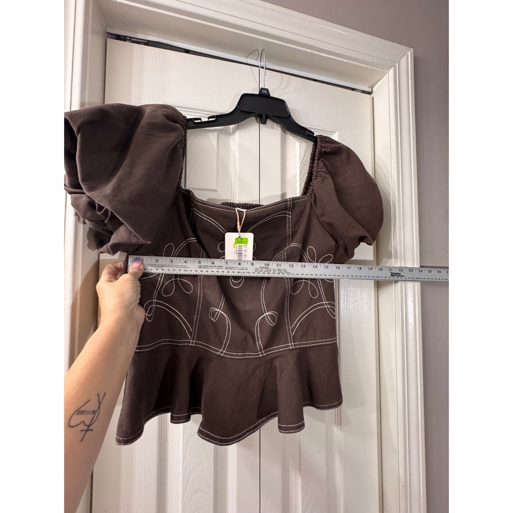 GB Brown Puff Sleeve Peplum Top Contrast Stitch Western Smocked XXL NWT - Picture 6 of 7
